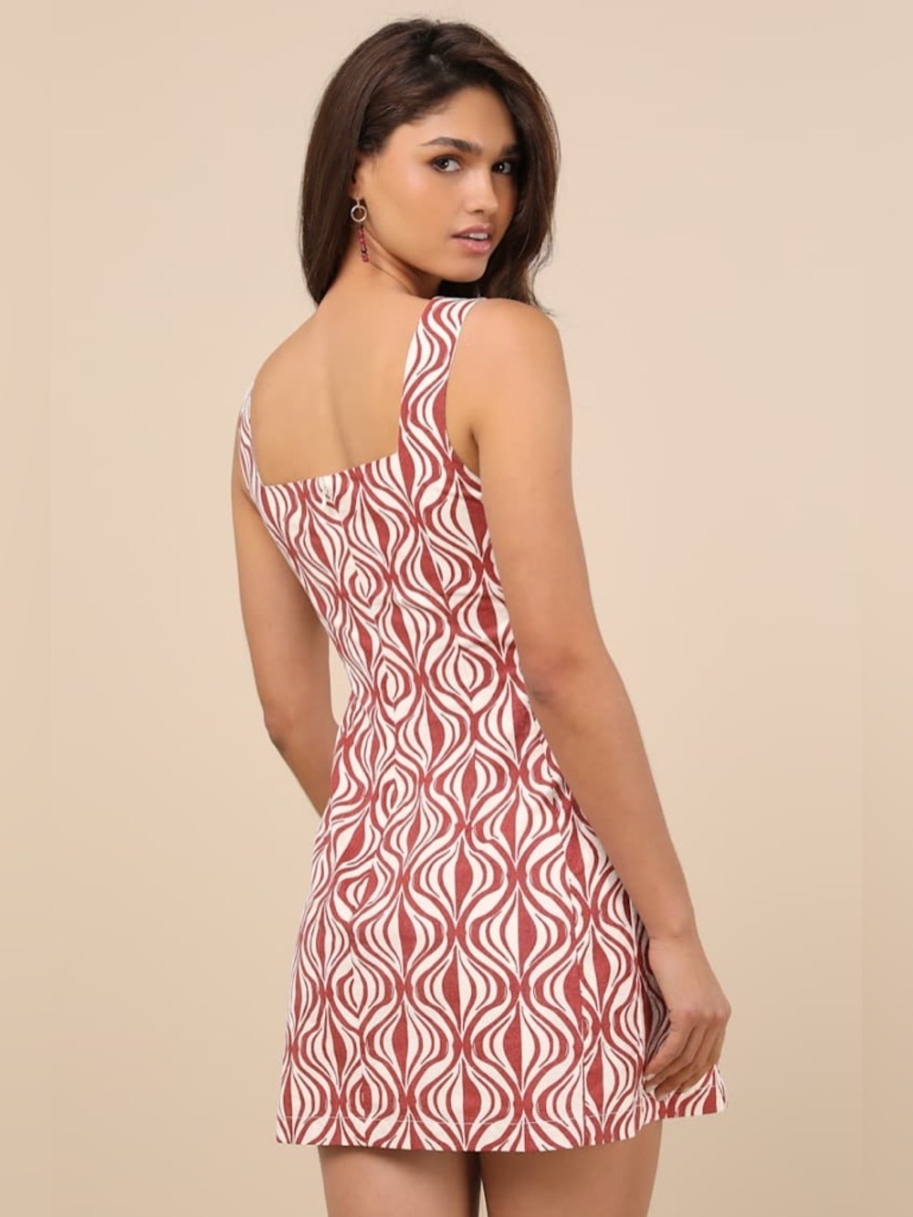 Lulus Pollie Rust and Cream Print Beaded Linen Sleeveless Mini Dress - Picture 2 of 8